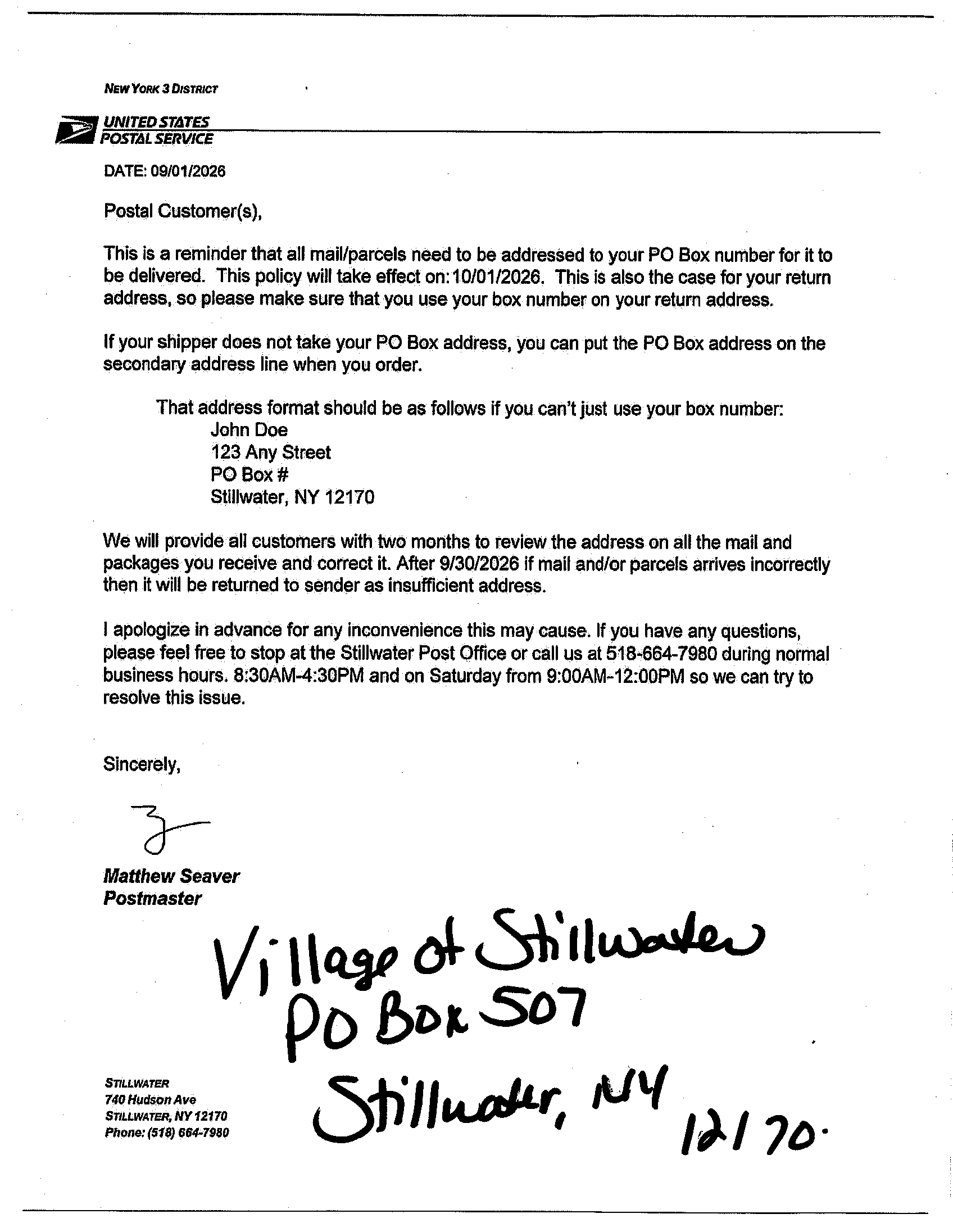 Post office notice about PO Box address